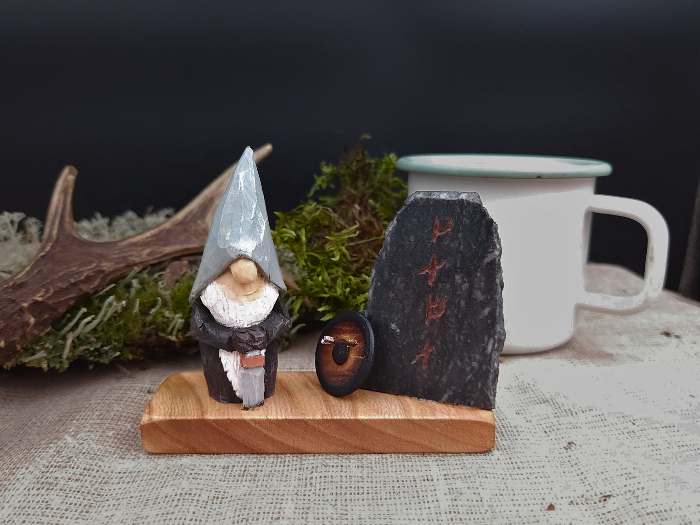 Viking Nisse (Gnome, Wichtel) with runes and shield – hand-carved Scandinavian wooden folk art figure, unique signed collectible, Nordic mythology decor and perfect gift.