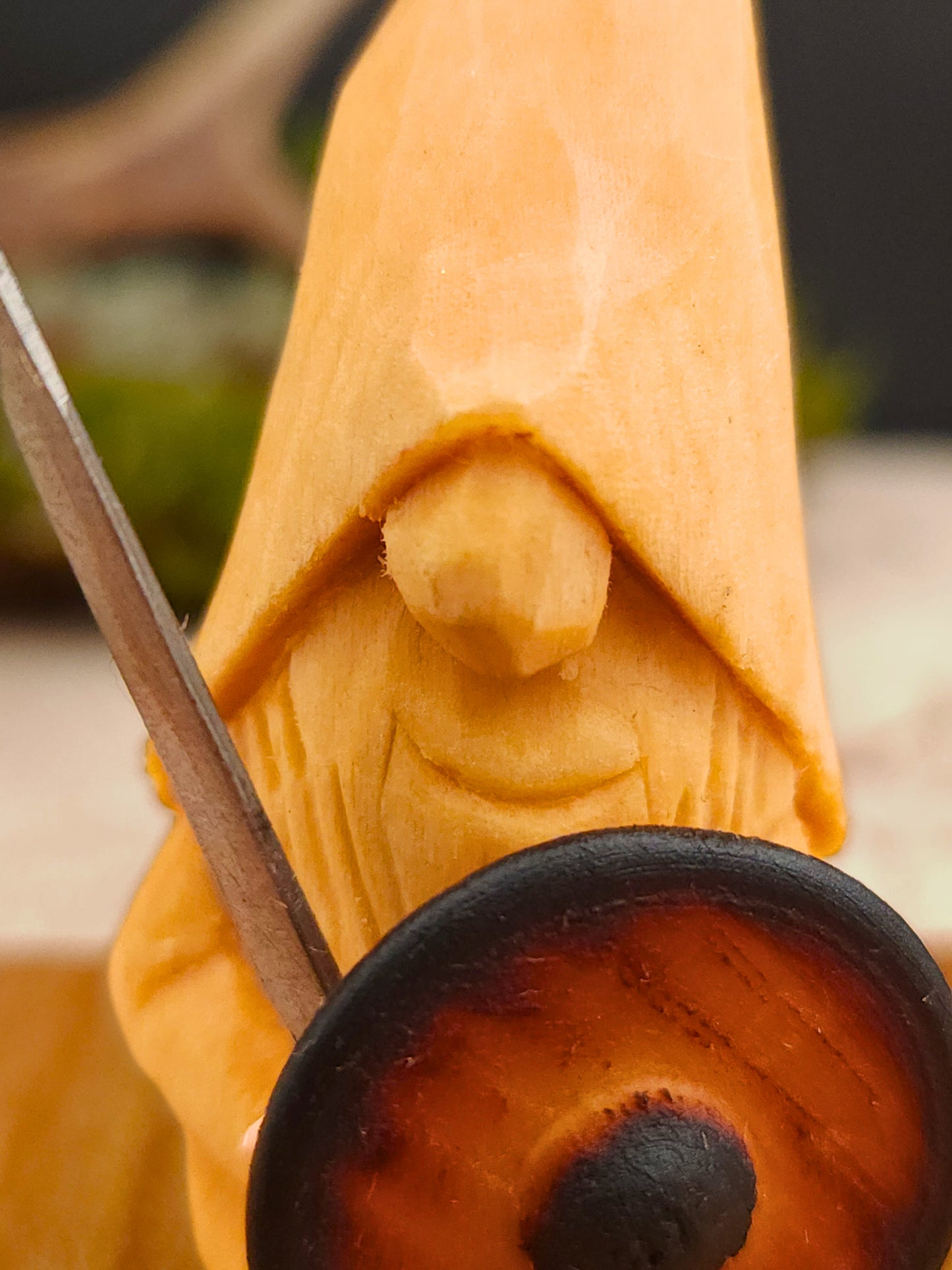 Viking Nisse – Hand-Carved Wooden Gnome with Sword and Shield