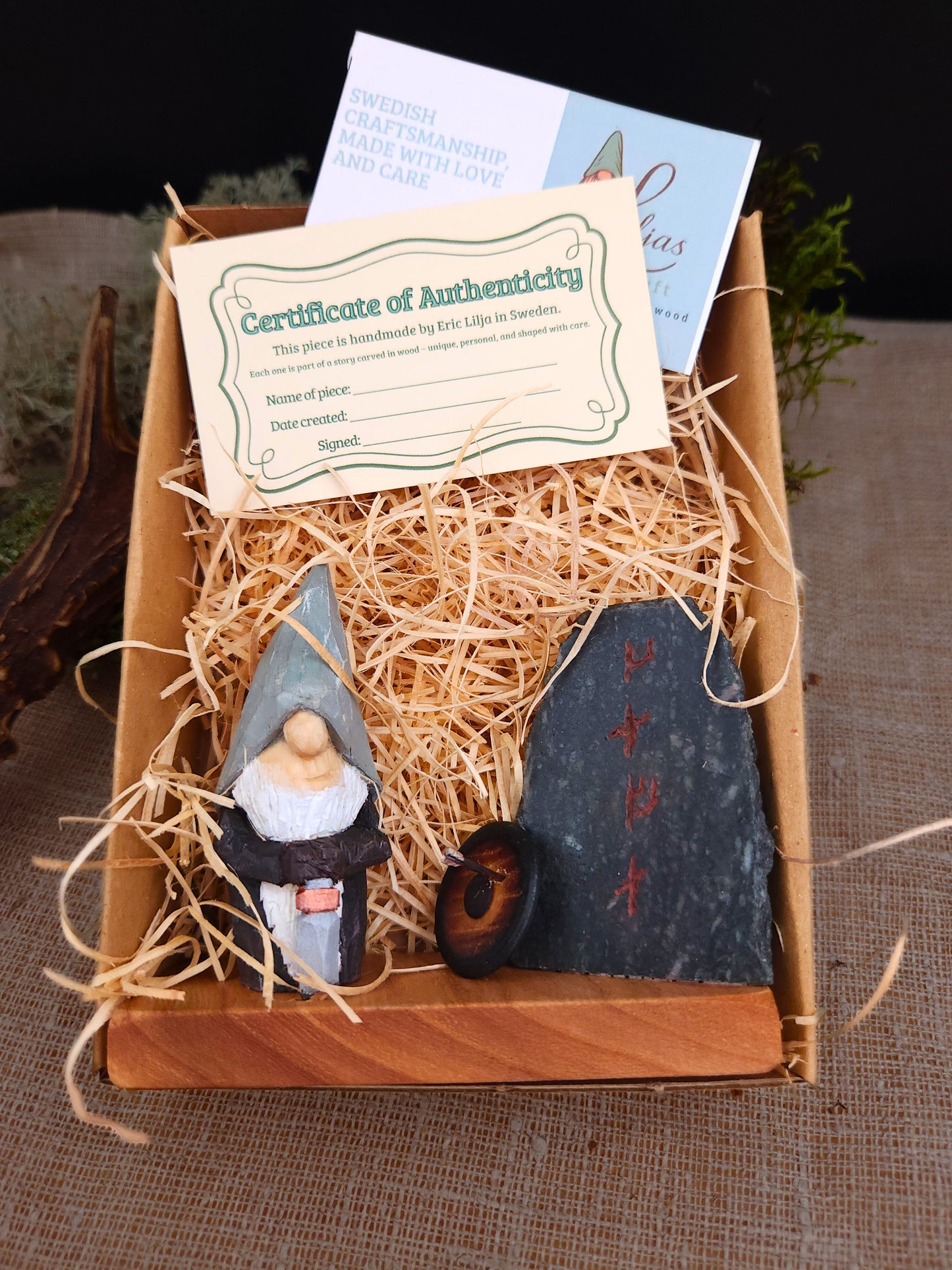 Viking Nisse (Gnome, Wichtel) with runes and shield – hand-carved Scandinavian wooden folk art figure, unique signed collectible, Nordic mythology decor and perfect gift.