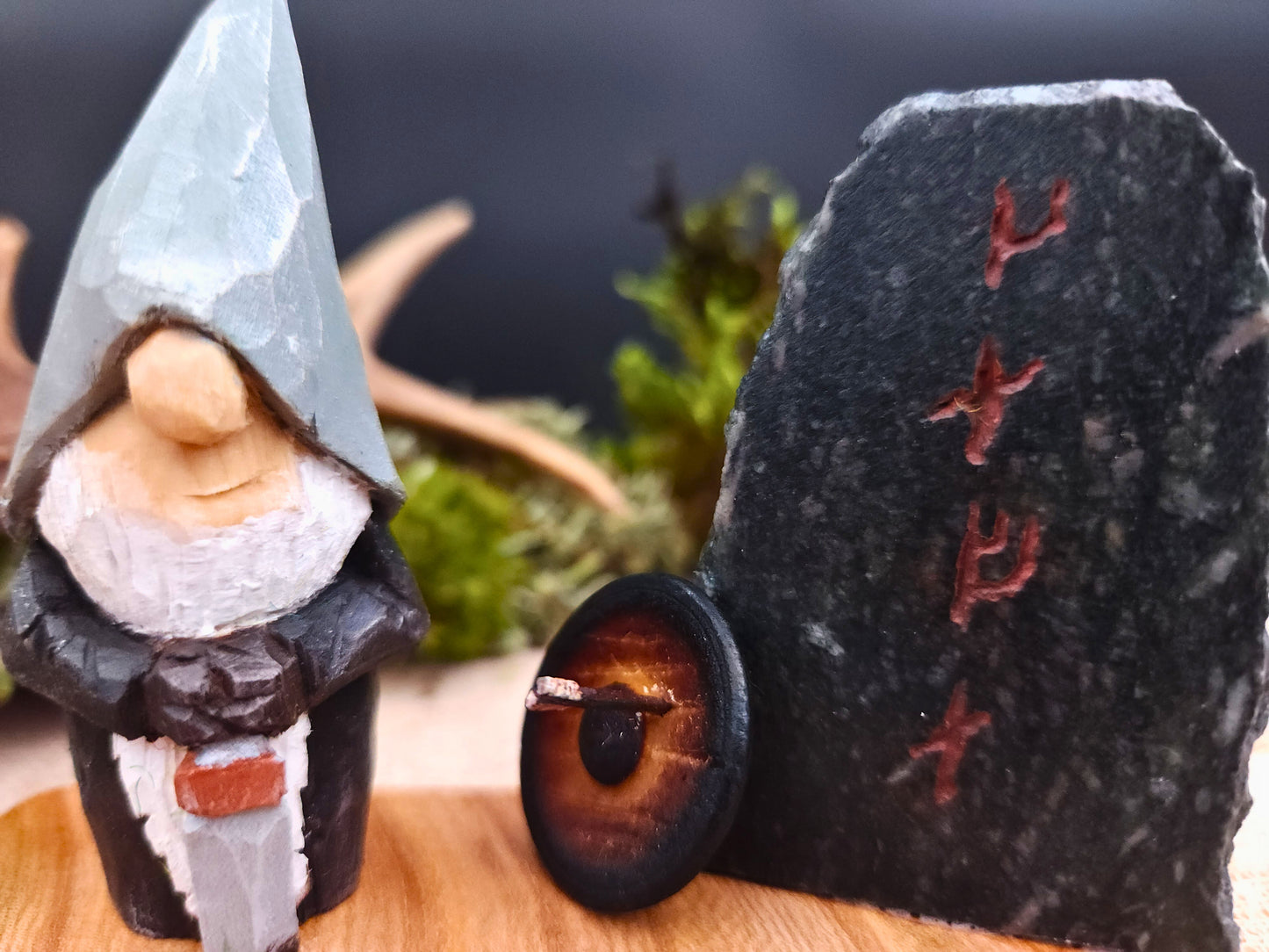 Viking Nisse (Gnome, Wichtel) with runes and shield – hand-carved Scandinavian wooden folk art figure, unique signed collectible, Nordic mythology decor and perfect gift.