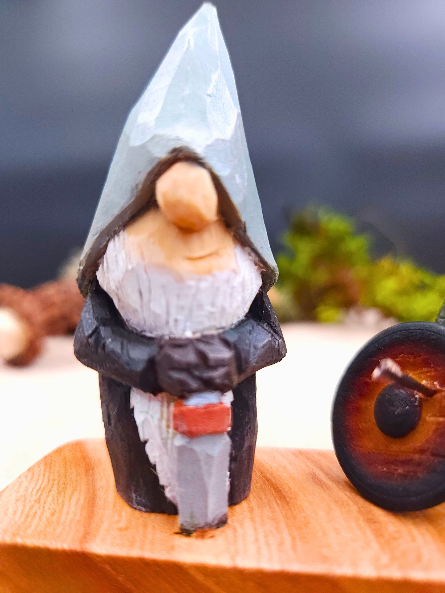 Viking Nisse (Gnome, Wichtel) with runes and shield – hand-carved Scandinavian wooden folk art figure, unique signed collectible, Nordic mythology decor and perfect gift.