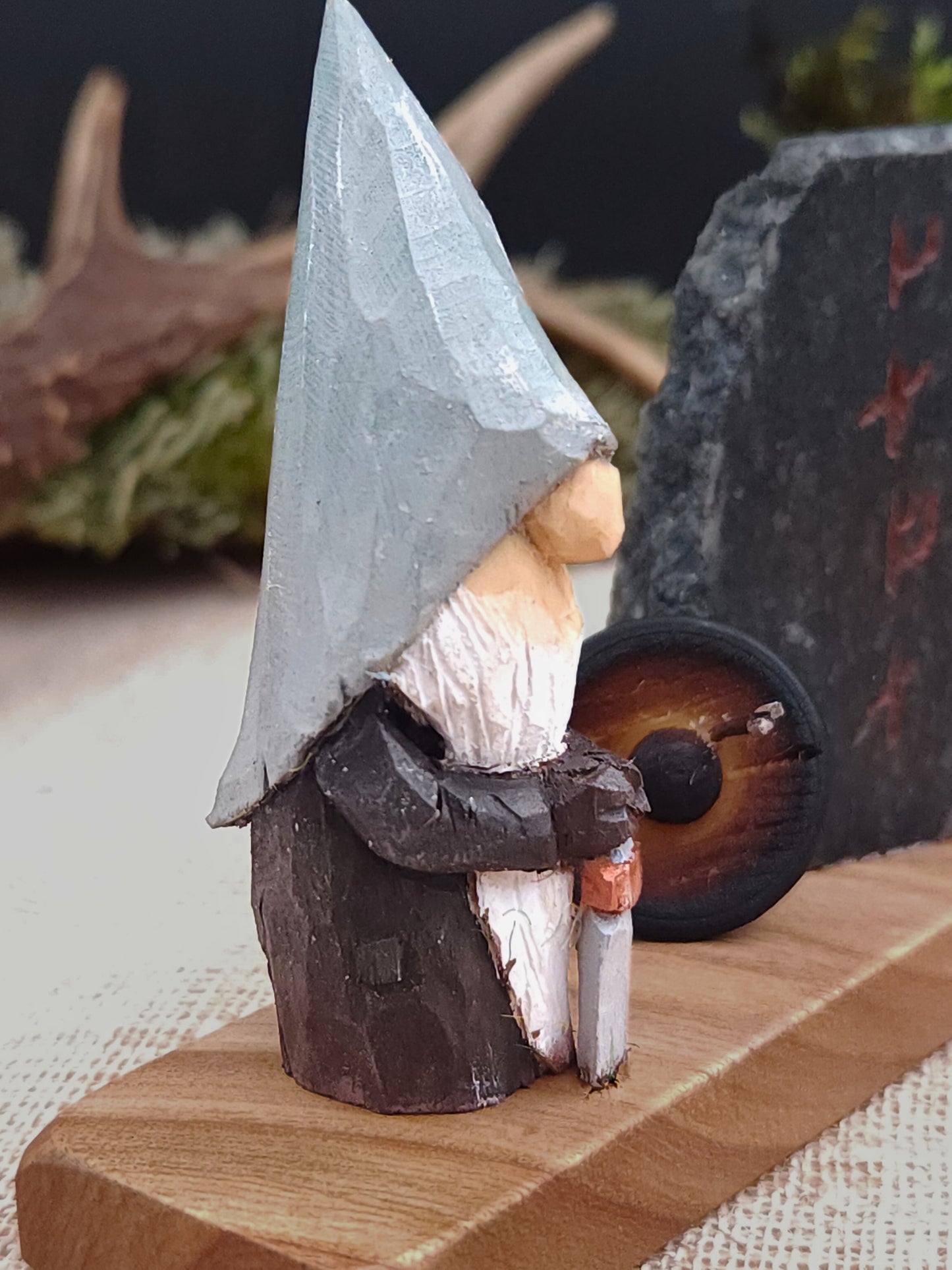 Viking Nisse (Gnome, Wichtel) with runes and shield – hand-carved Scandinavian wooden folk art figure, unique signed collectible, Nordic mythology decor and perfect gift.