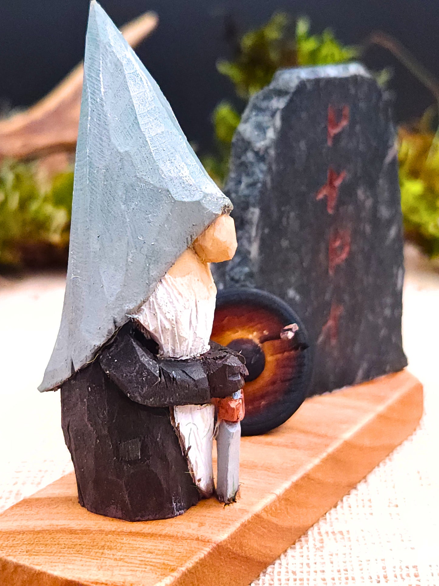 Viking Nisse (Gnome, Wichtel) with runes and shield – hand-carved Scandinavian wooden folk art figure, unique signed collectible, Nordic mythology decor and perfect gift.