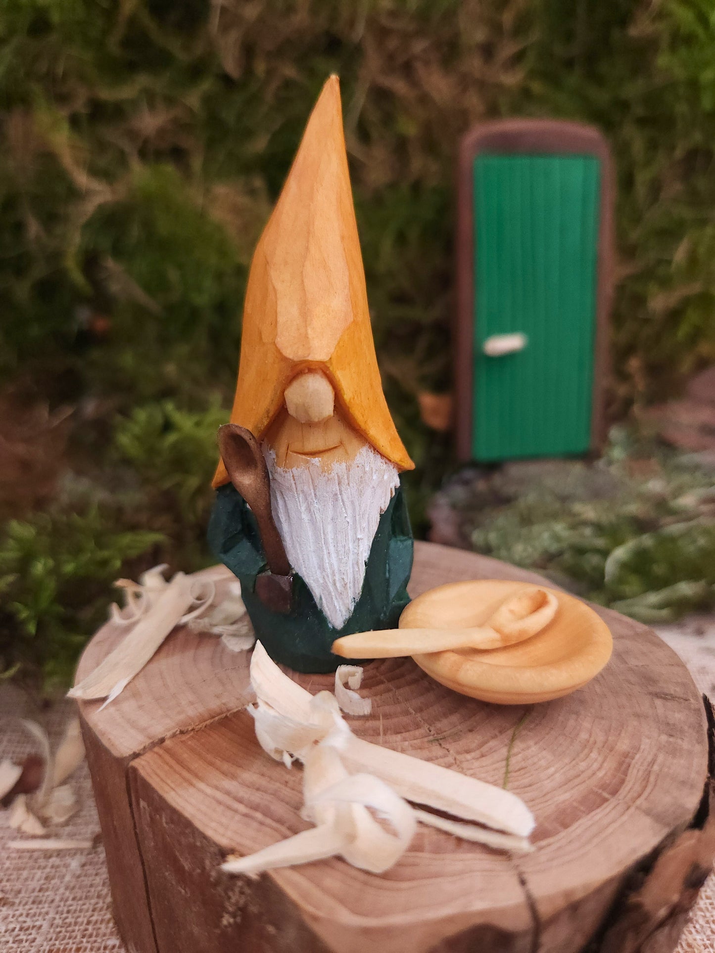 Unique Scandinavian gnome, Nisse No. 71, with bowl and spoon, handmade folk art for elf world decoration.