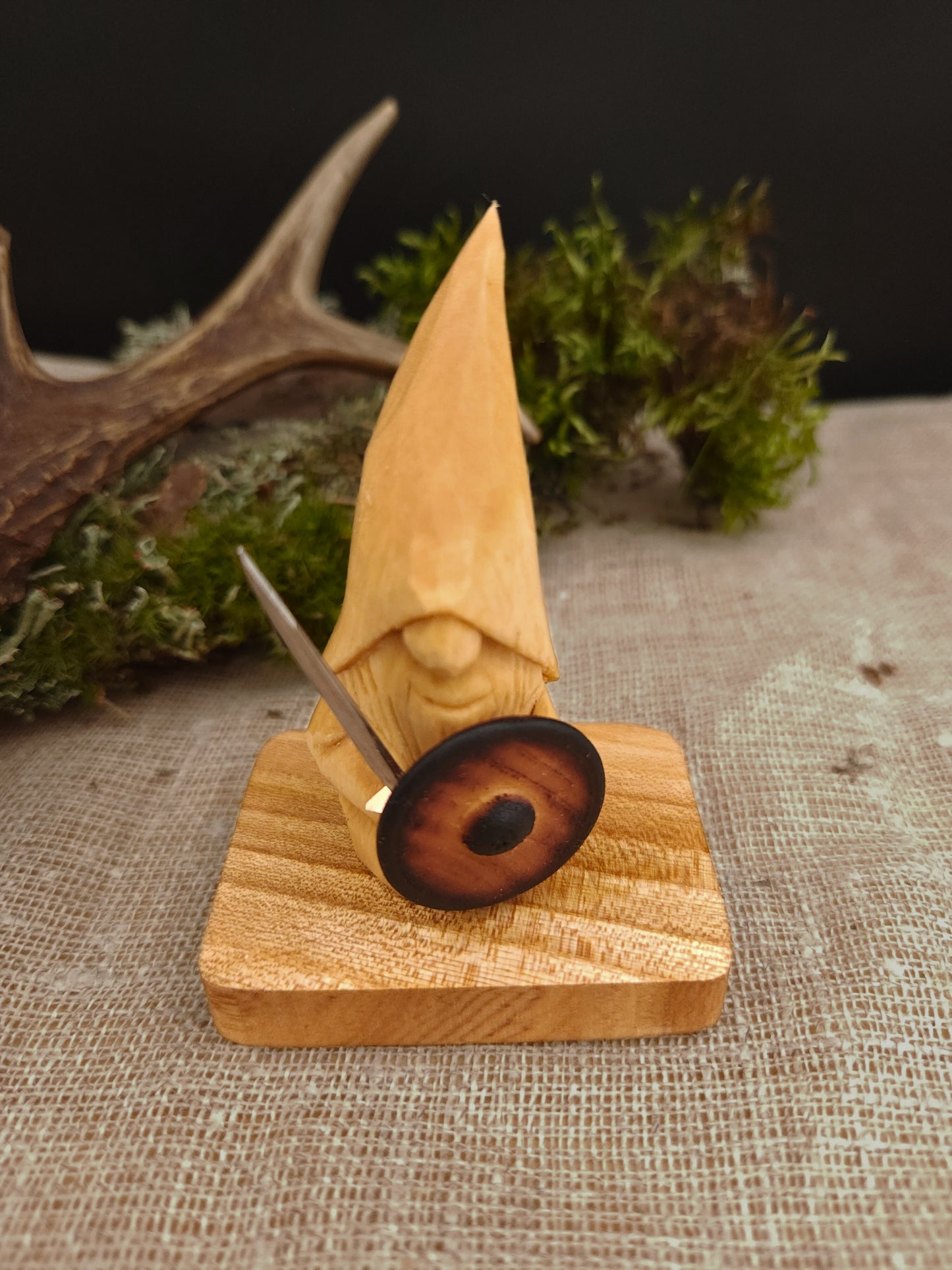 Viking Nisse – Hand-Carved Wooden Gnome with Sword and Shield