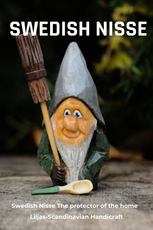 Hand-Carved Swedish Nisse with Broom and Spoon – Unique Nordic Gnome Figurine by Liljas Scandinavian Handicraft