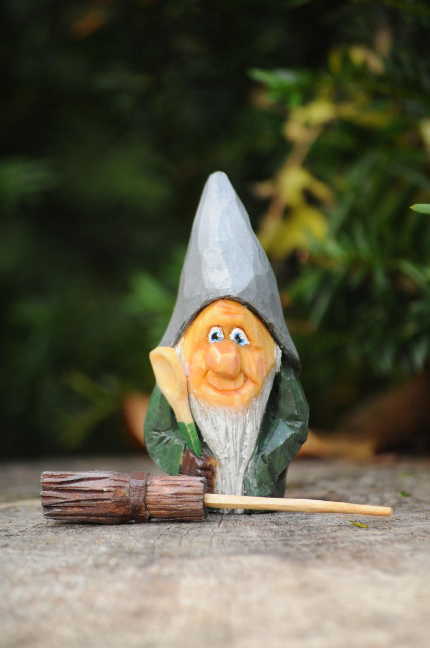 Hand-Carved Swedish Nisse with Broom and Spoon – Unique Nordic Gnome Figurine by Liljas Scandinavian Handicraft