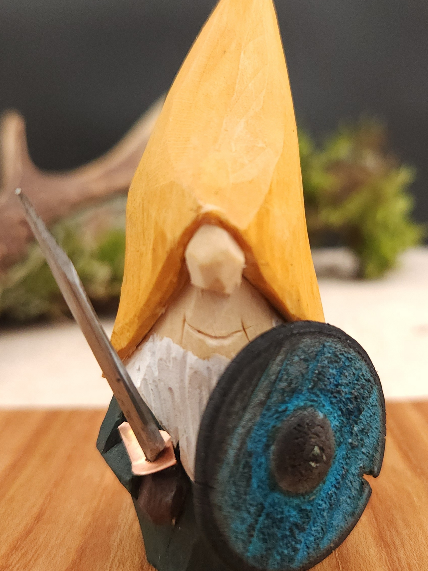 Viking Nisse – Hand-Carved & Painted Wooden Gnome with Sword and Shield