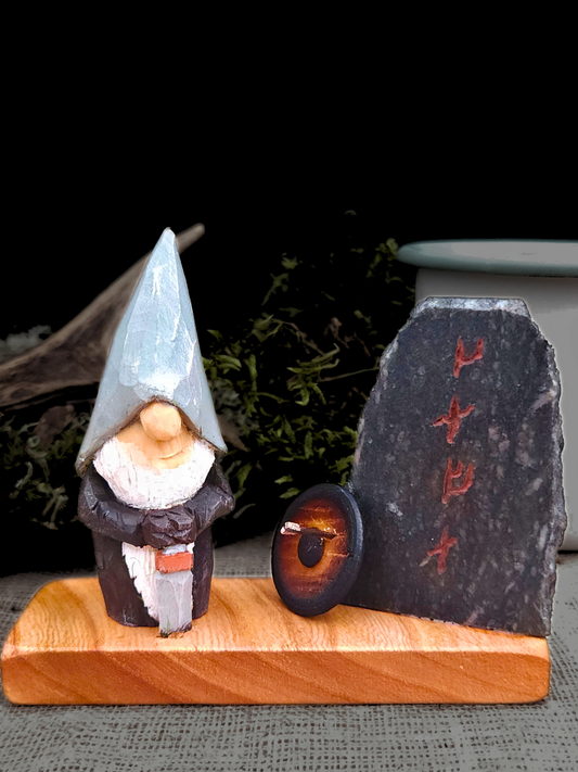 Viking Nisse Gnome with Runestone and Shield – Hand-Carved