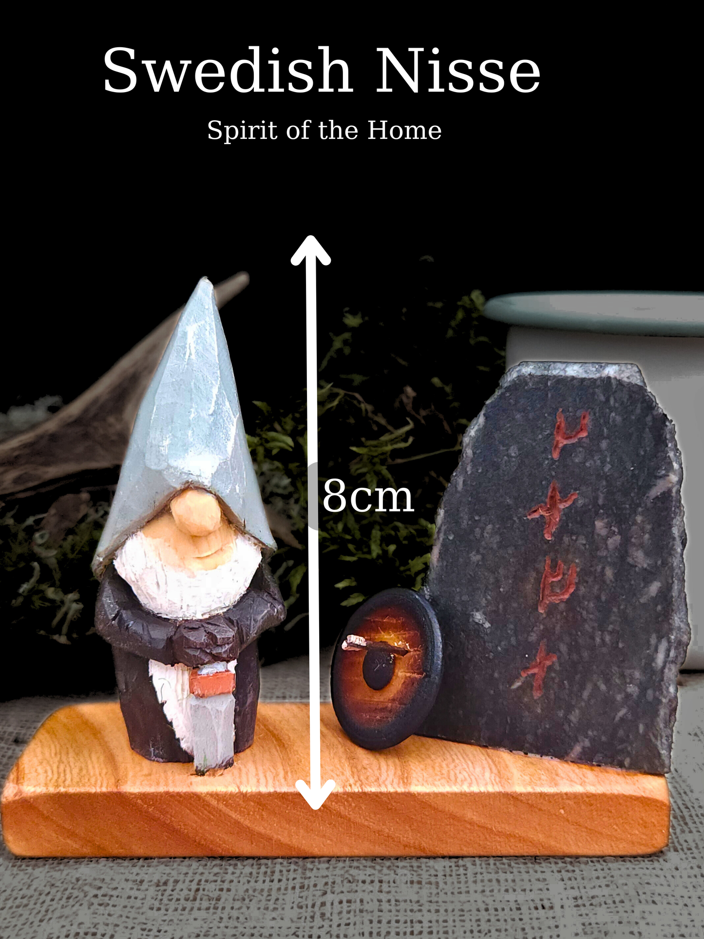Viking Nisse Gnome with Runestone and Shield – Hand-Carved