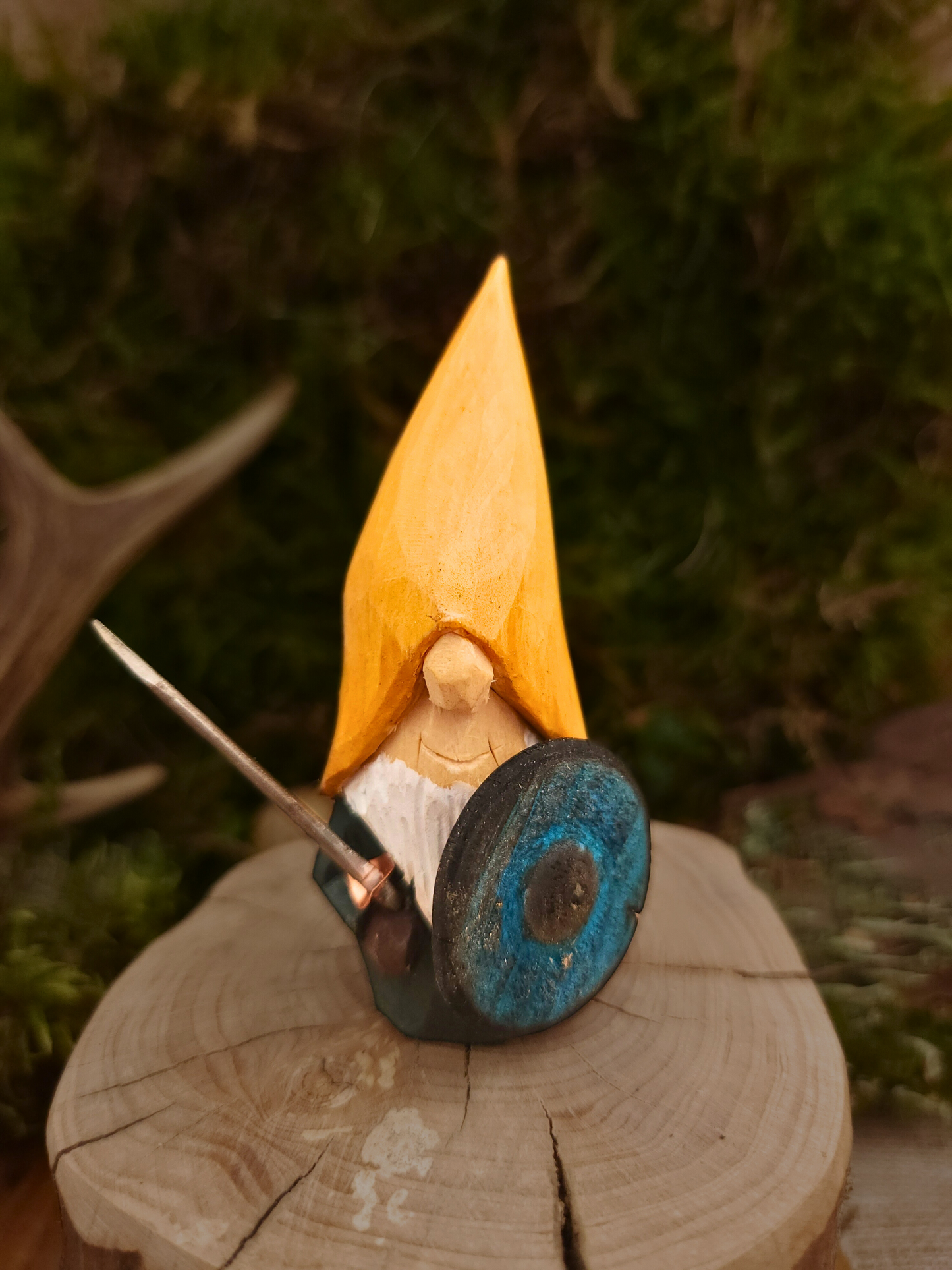 Viking Nisse – Hand-Carved & Painted Wooden Gnome with Sword and Shield