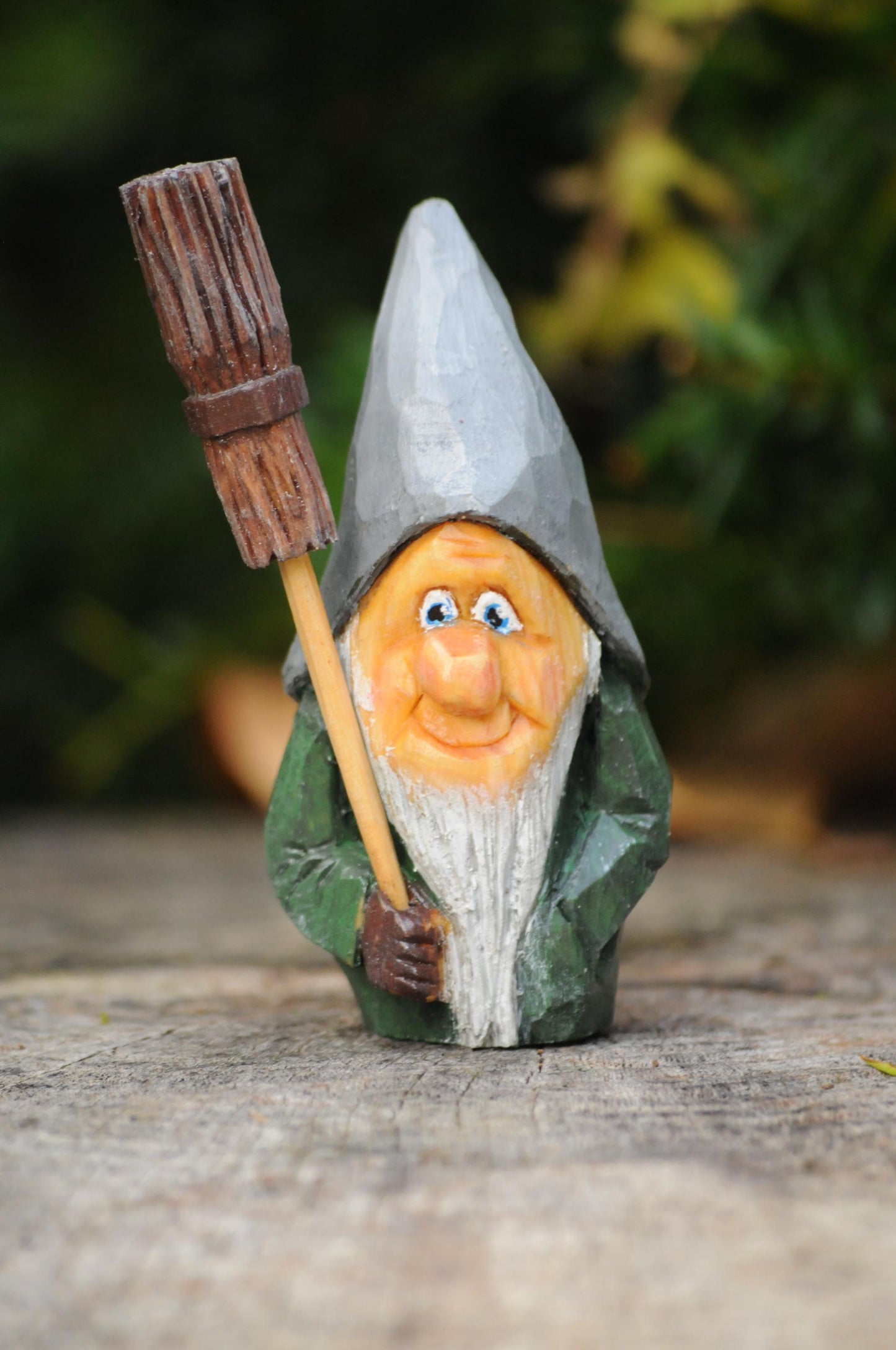 Hand-Carved Swedish Nisse with Broom and Spoon – Unique Nordic Gnome Figurine by Liljas Scandinavian Handicraft