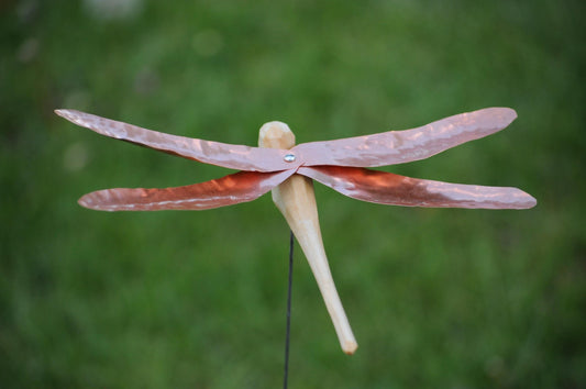Hand-Carved Wooden Dragonfly - Copper Wings Wind Spinner - Garden Ornament - Nordic Folk Art Gift - Nature Mobile - Handmade