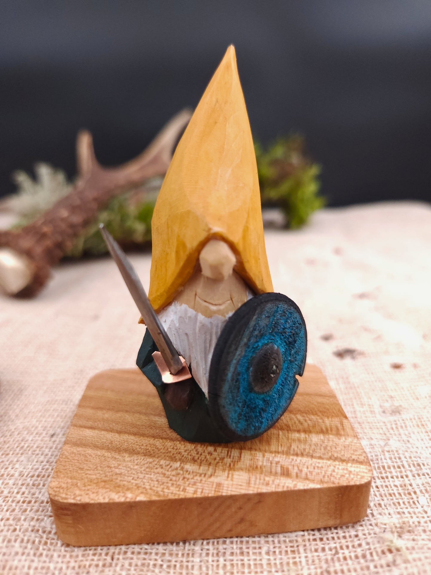 Viking Nisse – Hand-Carved & Painted Wooden Gnome with Sword and Shield