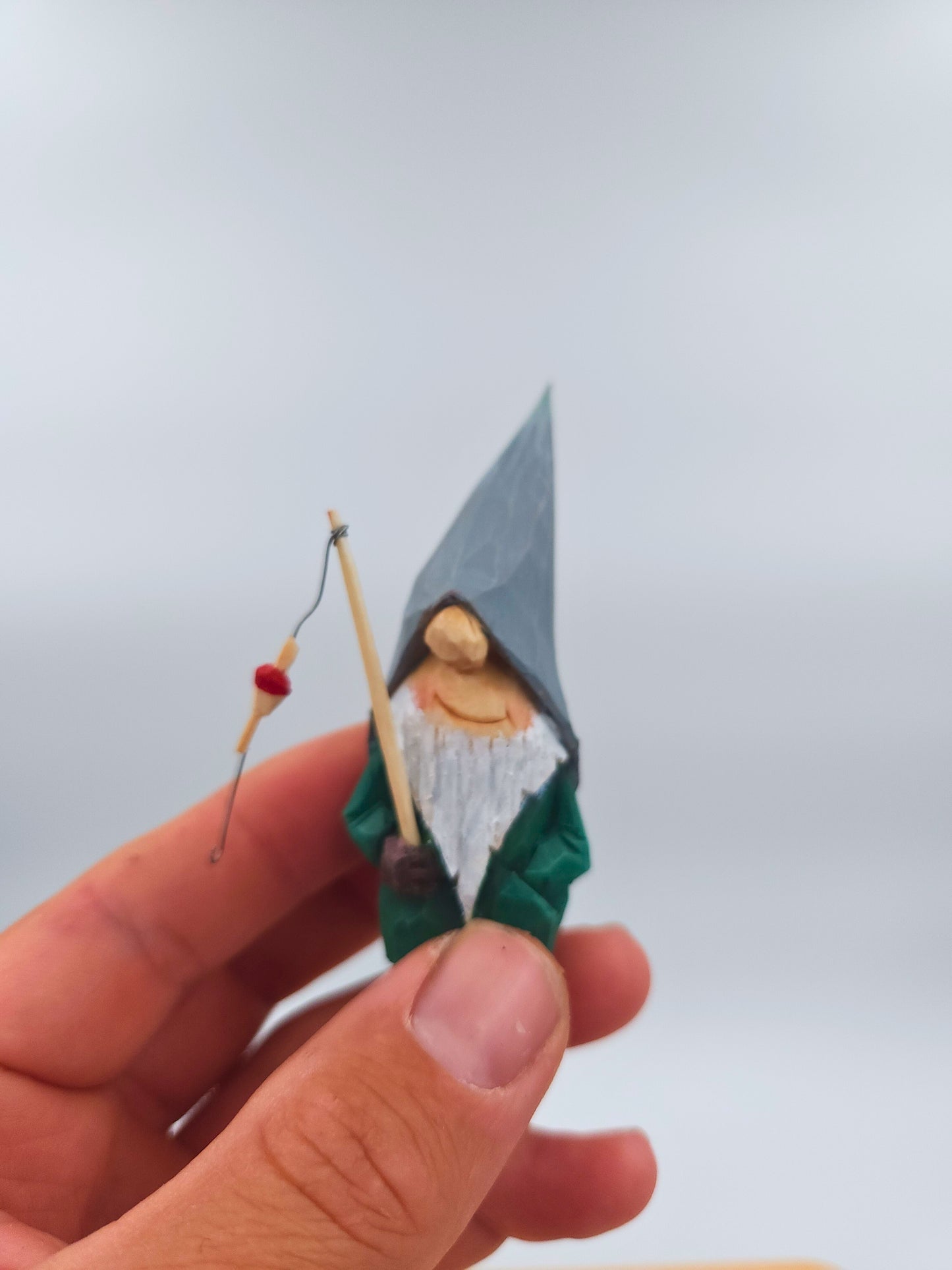 Swedish Nisse #66 – Hand-Carved Fishing Gnome with Rod | Numbered & Certified