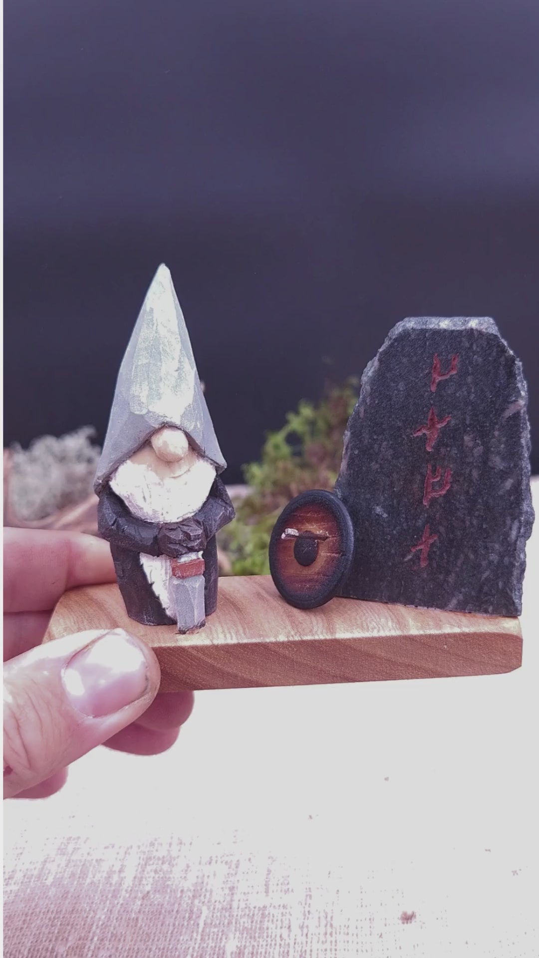 Viking Nisse (Gnome, Wichtel) with runes and shield – hand-carved Scandinavian wooden folk art figure, unique signed collectible, Nordic mythology decor and perfect gift.
