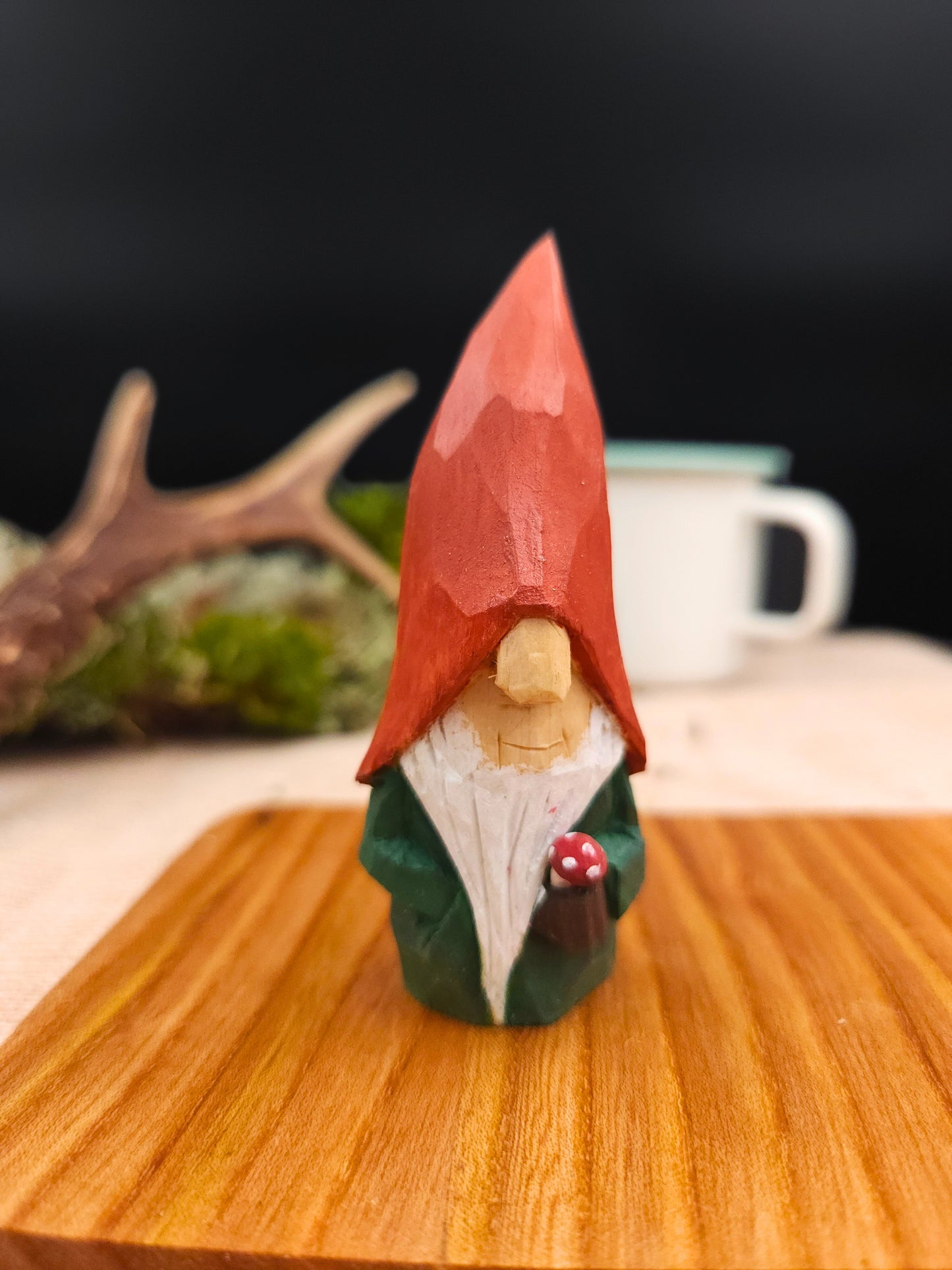 Gift for collectors – Hand-carved Autumn Nisse (Gnome, Wichtel) with red hat and mushroom, unique signed Scandinavian wooden folk art, artisan seasonal decoration.
