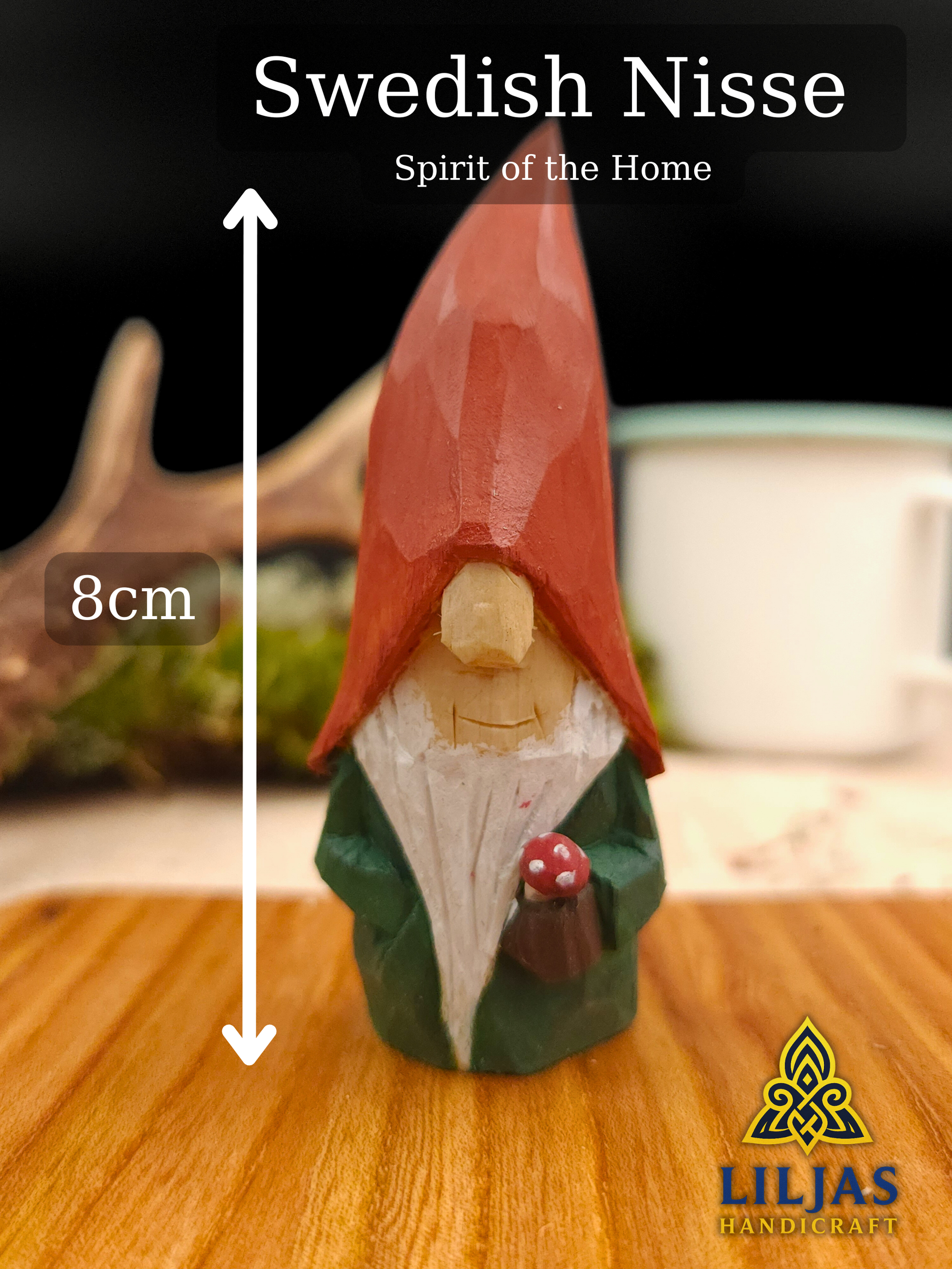 Gift for collectors – Hand-carved Autumn Nisse (Gnome, Wichtel) with red hat and mushroom, Scandinavian folk art wood carving, signed unique figure and artisan seasonal decoration.
