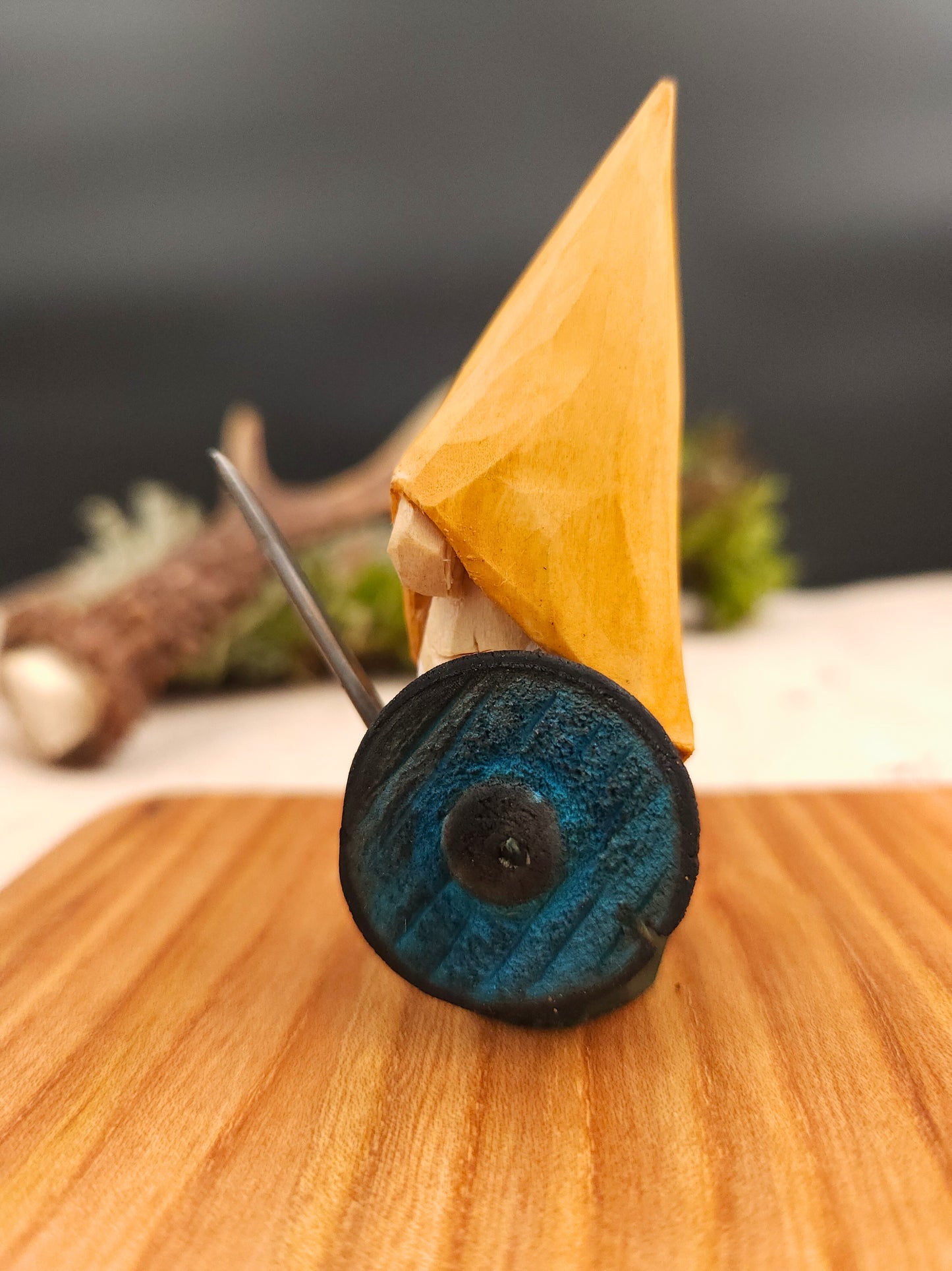 Viking Nisse (Gnome, Wichtel) with sword of iron and copper guard – hand-carved Scandinavian wooden folk art figure, unique signed collectible, Nordic mythology decor and handmade gift.
