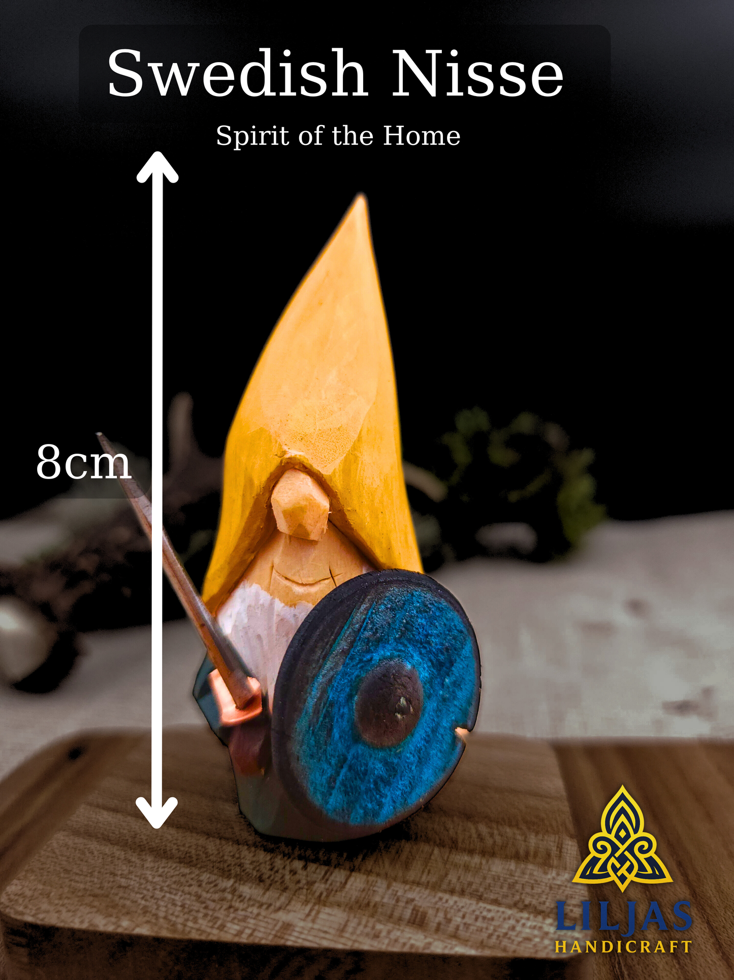 Viking Nisse (Gnome, Wichtel) with sword carved with runes – handmade Scandinavian wooden folk art figure, signed collectible, Viking decor and Nordic gift.
